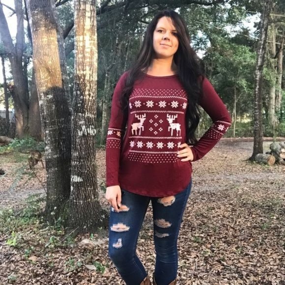 Tops - Christmas Snowflake Reindeer Shirt Long Sleeve